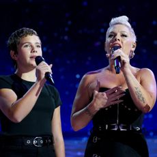 Pink and her daughter Willow perform during the Democratic National Convention (DNC) at the United Center in Chicago, Illinois, US, on Thursday, Aug. 22, 2024.