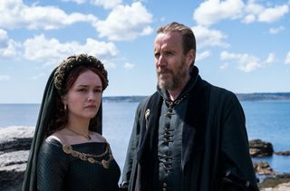 Olivia Cooke as "Alicent Hightower" and Rhys Ifans as "Otto Hightower" house of he dragon