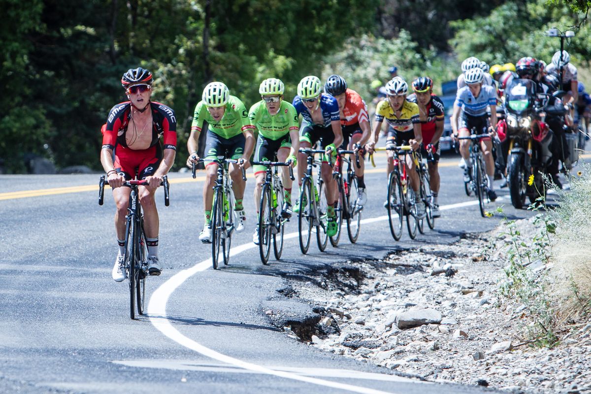 TJ Eisenhart leads the GC group up Little Cottonwood Canyon as the TV moto films the action
