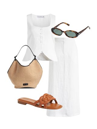 collage of white vest, white pants, tan sandals, and raffia bag