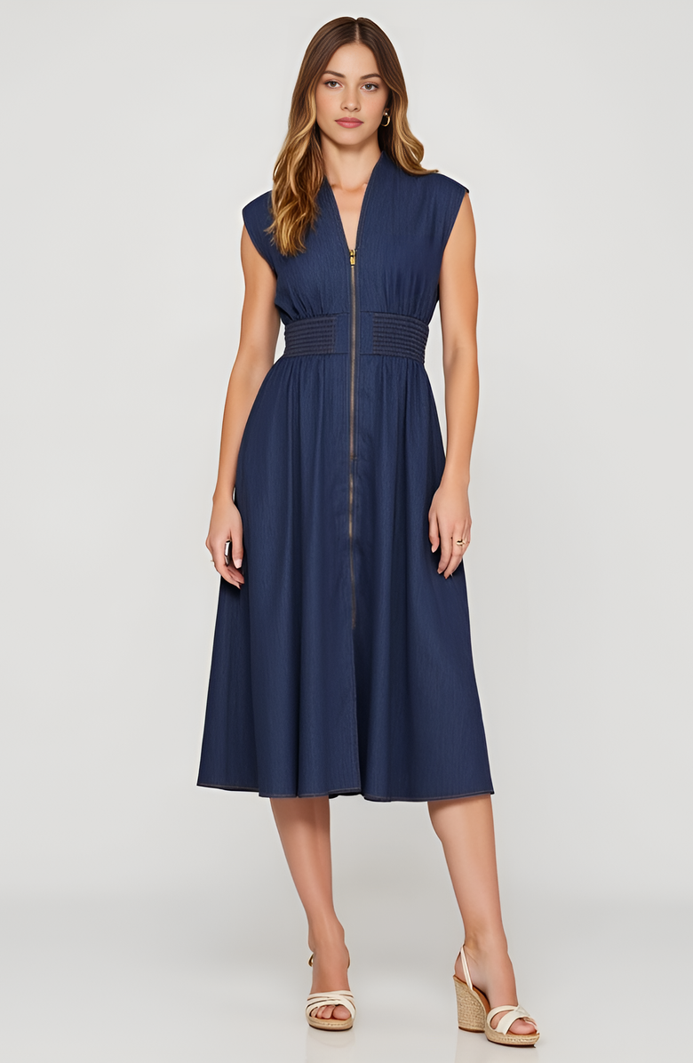 Zip Front Sleeveless Denim Midi Dress