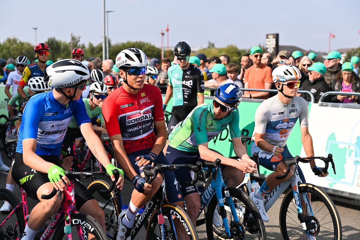 Picture by Will Palmer/SWpix.com - 06/09/2024 - Lloyds Bank Tour of Britain 2024 - Stage 4: Derby to Newark-On-Trent, England - (L to R) Callum Thornley (TRINITY Racing), Paul Magnier (Soudal Quick-Step), Stevie Williams (Israel - Premier Tech), Oscar Onley (Team dsm-firmenich PostNL)