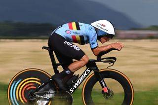 Remco Evenepoel (Belgium) on his way to winning the elite men's time trial at the 2023 UCI World Championships in Glasgow