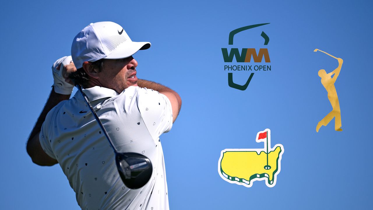 Brooks Koepka hits a drive (left) with logos from the WM Phoenix Open, The Players and The Masters on the right half of the image