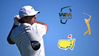 Brooks Koepka hits a drive (left) with logos from the WM Phoenix Open, The Players and The Masters on the right half of the image