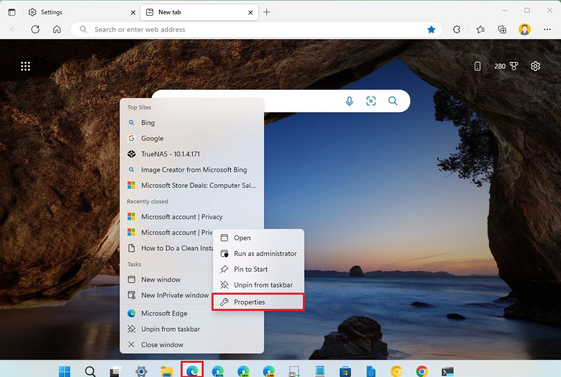 Propiedades de la aplicación Microsoft Edge