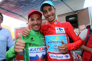 Joaquin Rodriguez celebrates with Fabio Aru after Stage 20 of the 2015 Vuelta Espana