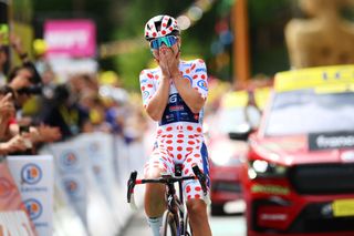 LE GRAND BORNAND FRANCE AUGUST 17 Justine Ghekiere of Belgium and AG Insurance Soudal Team Polka dot Mountain Jersey celebrates at finish line as stage winner during the 3rd Tour de France Femmes 2024 Stage 7 a 1664km stage from Champagnole to Le Grand Bornand 1265m UCIWWT on August 17 2024 in Le Grand Bornand France Photo by Alex BroadwayGetty Images