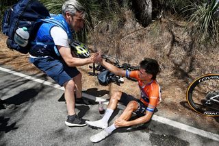 WILLUNGA HILL AUSTRALIA JANUARY 25 Javier Romo of Spain and Movistar Team Orange Santos Leaders Jersey reacts after the 25th Santos Tour Down Under 2025 Stage 5 a 1457km stage from McLaren Vale to Willunga Hill 371m UCIWT on January 25 2025 in Willunga Hill Australia Photo by Dario BelingheriGetty Images