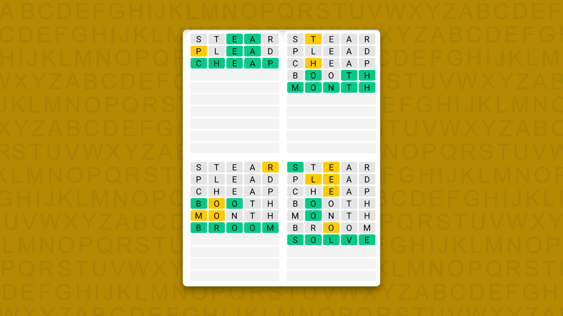 Quordle Daily Sequence answers for game 1658 on a yellow background