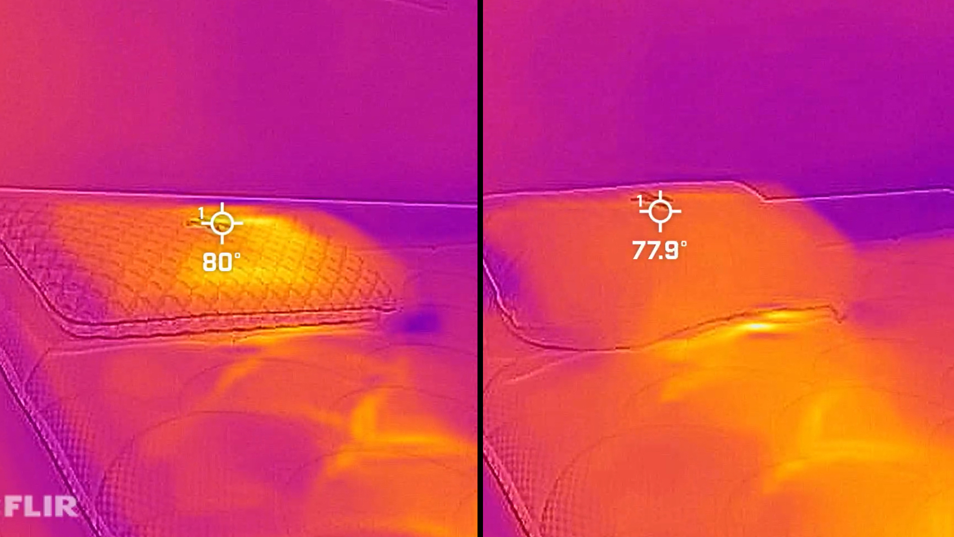 On the left, the Helix Cooling Memory Foam Pillow through a thermal cam. At minute 9, it's 80 °F. On the right, the Beckham Hotel Collection Pillow. At minute 9, it's 77.9 °F.