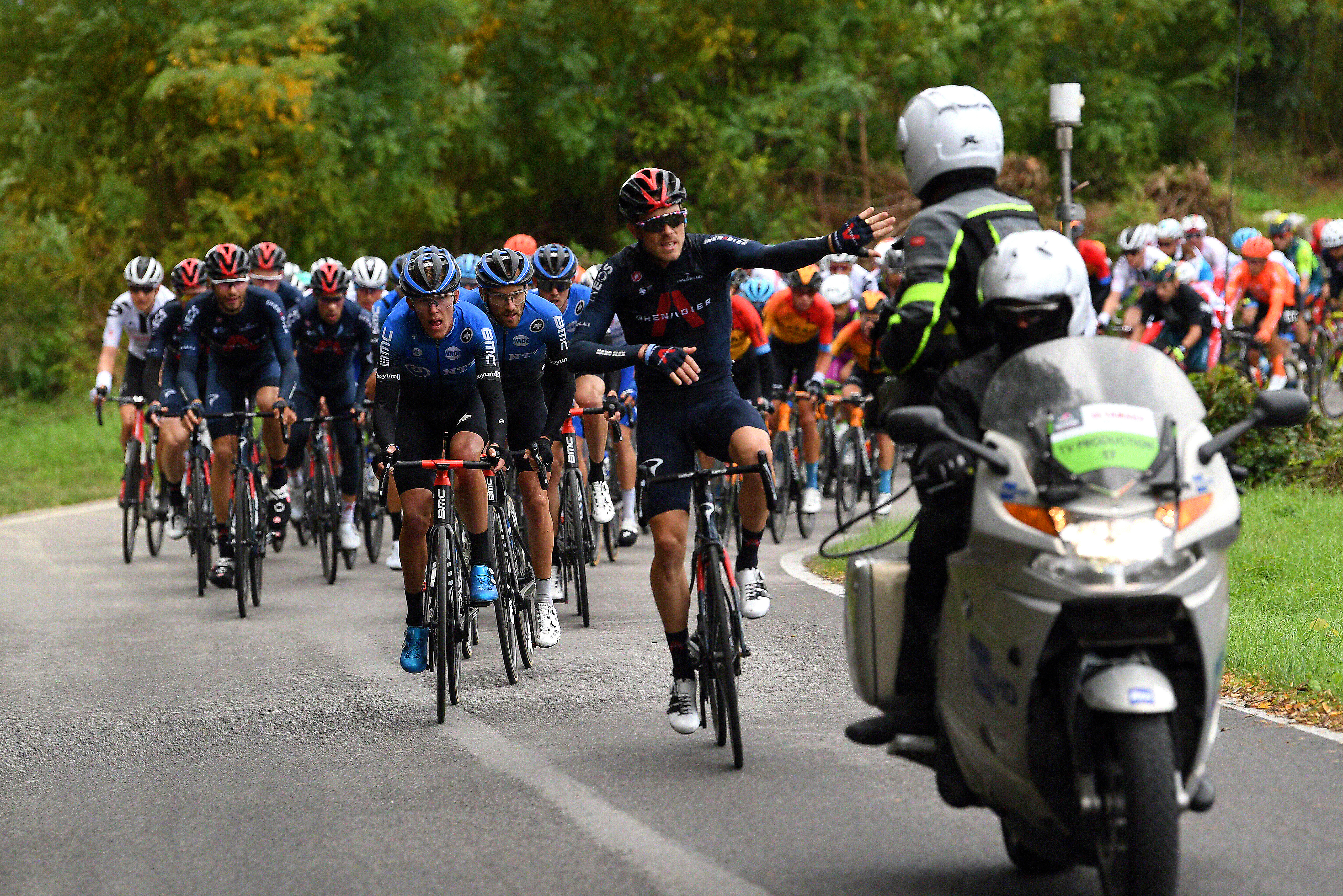 CESENATICO, ITALY - OCTOBER 15: Rohan Dennis of Australia and Team INEOS Grenadiers / Dylan Sunderland of Australia and NTT Pro Cycling Team / Danilo Wyss of Switzerland and NTT Pro Cycling Team / Peloton / Discussion / Angry / Press Media / Rai TV Motorbike / during the 103rd Giro d&amp;amp;apos;Italia 2020 - Stage Twelve a 204km stage from Cesenatico to Cesenatico / @girodiitalia / #Giro / on October 15, 2020 in Cesenatico, Italy. (Photo by Tim de Waele/Getty Images)