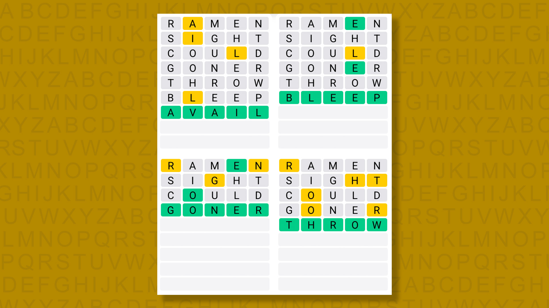 Quordle answers for game 1359 on a yellow background