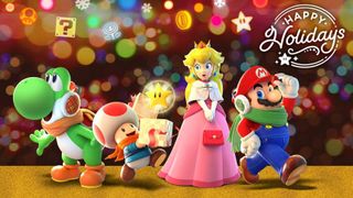 Nintendo-Charaktere Yoshi, Toad, Peach und Mario in Winterkleidung