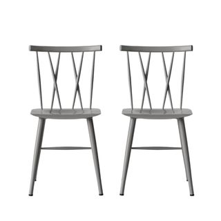 Two gray steel dining chairs