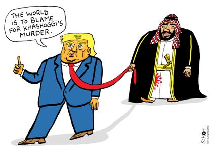 Political cartoon U.S. Trump on a leash Mohammed bin Salman Jamaal Khashoggi murder