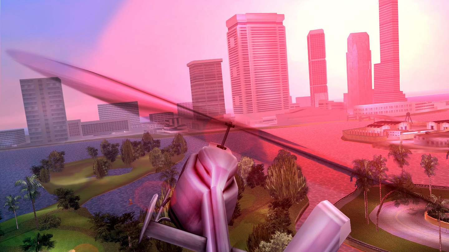 Grand Theft Auto: Vice City PC-Screenshot eines fliegenden Hubschraubers über einer Stadt
