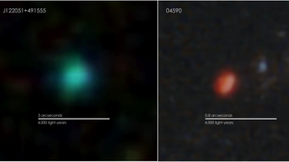 At left, a "green pea" galaxy located about 170 million light-years away; at right, a "green pea" galaxy that the James Webb Space Telescope sees as it was 13.1 billion years ago.
