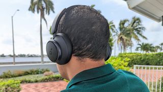 Showing Anker Soundcore Space Q45 headphone worn by our reviewer