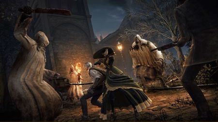 Screenshot from The Duskbloods showing to characters standing back to back, fighting off a crowd of cloaked enemies in a dark, gothic city.