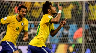 Neymar of Brazil celebrates after scoring against Croatia in the opening match of the 2010 FIFA World Cup on 12 June, 2014 in Sao Paulo, Brazil