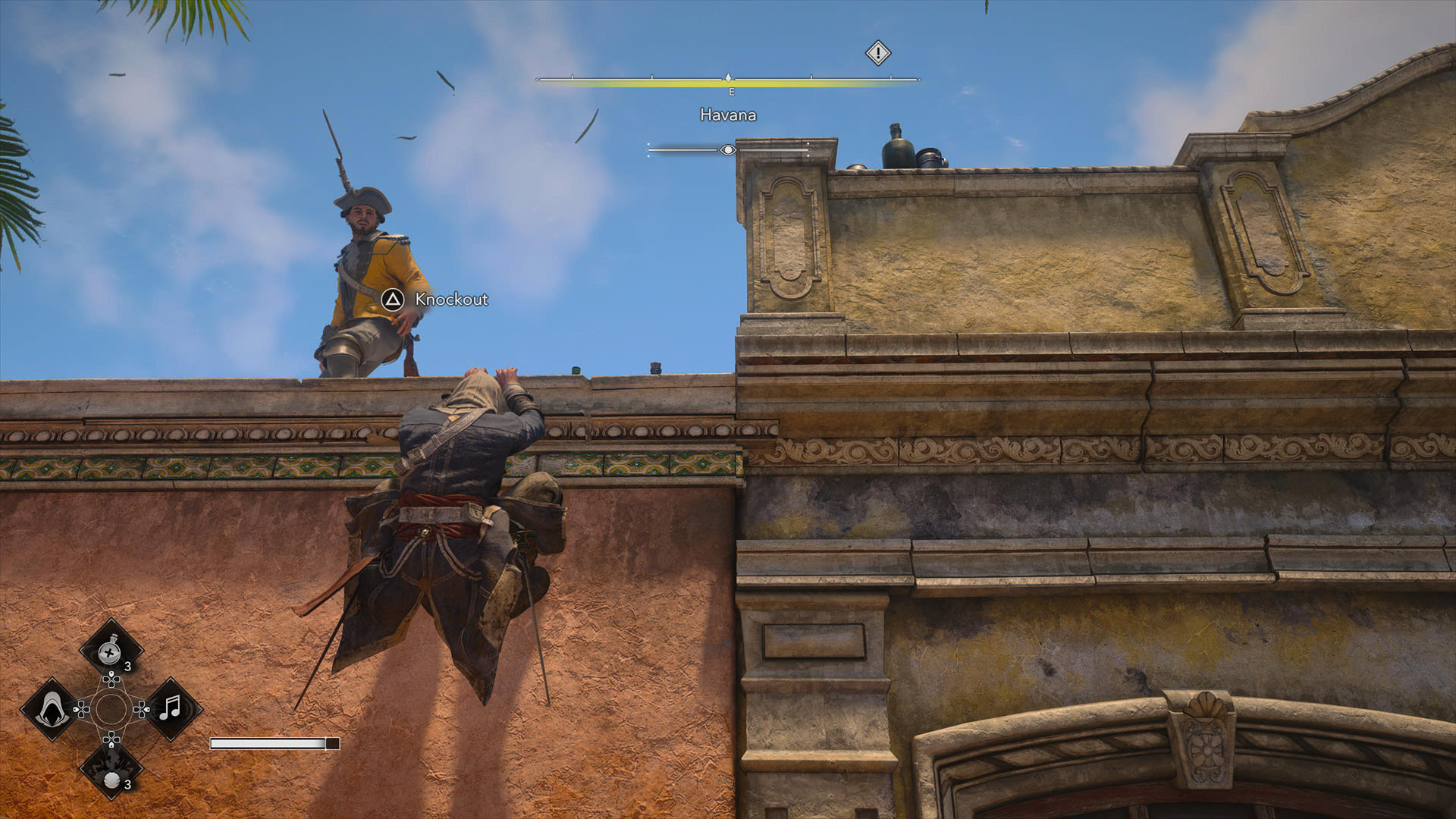 Edward prepares to ledge kill a guard by throwing him off a roof in Havana, in Assassin's Creed Black Flag Resynced