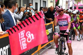 CAMIGLIATELLO SILANO ITALY OCTOBER 07 Start Joao Almeida of Portugal and Team Deceuninck QuickStep Pink Leader Jersey Mileto City Fans Public during the 103rd Giro dItalia 2020 Stage 5 a 225km stage from Mileto to Camigliatello Silano 1275m girodiitalia Giro on October 07 2020 in Camigliatello Silano Italy Photo by Tim de WaeleGetty Images