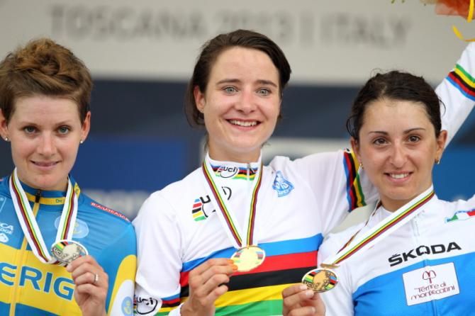 Emma Johansson (Sweden), world champion Marianne Vos (Netherlands) and Rossella Ratto (Italy)