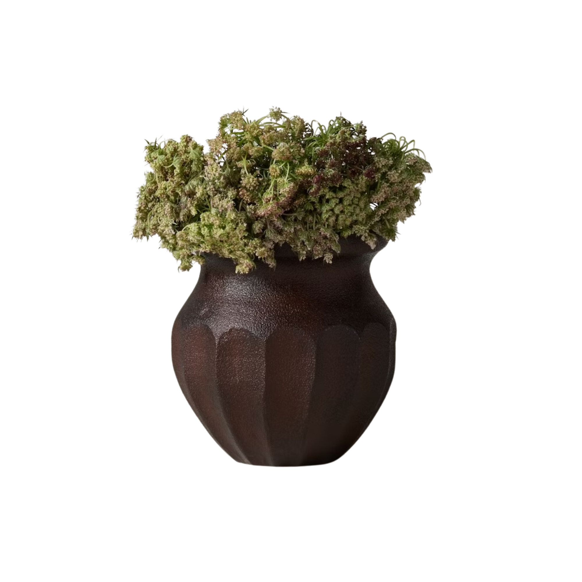 small brown urn vase holding green bud flowers