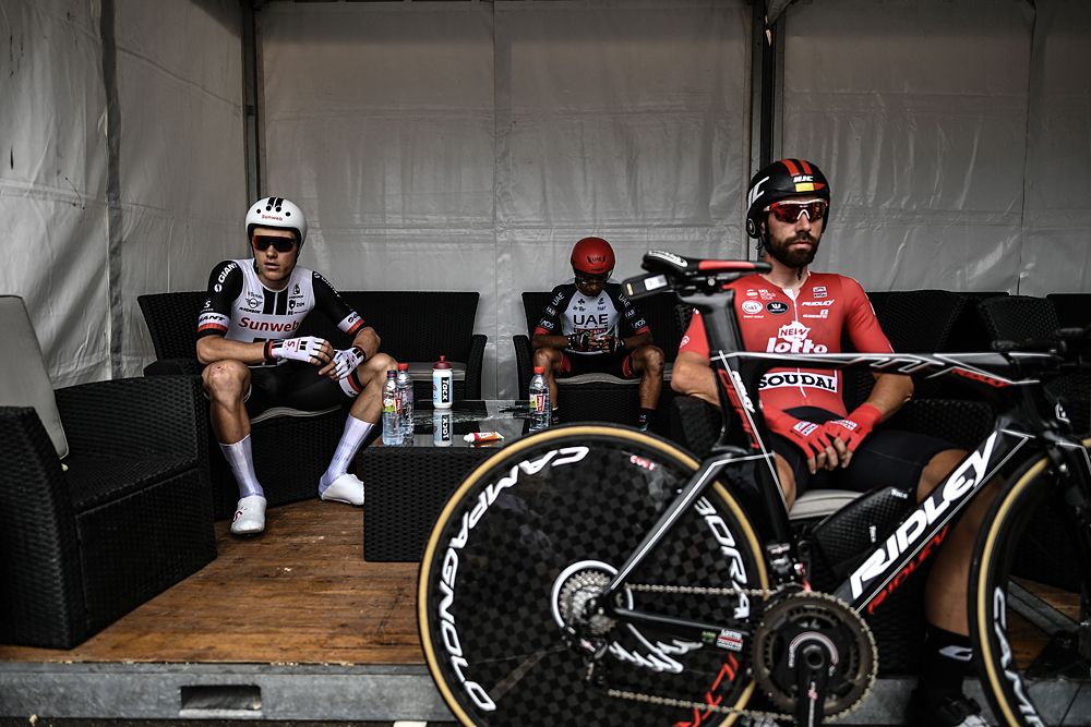 Riders wait for their time trial starts at the Tour de France