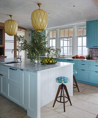 kitchen with blue cabinetry