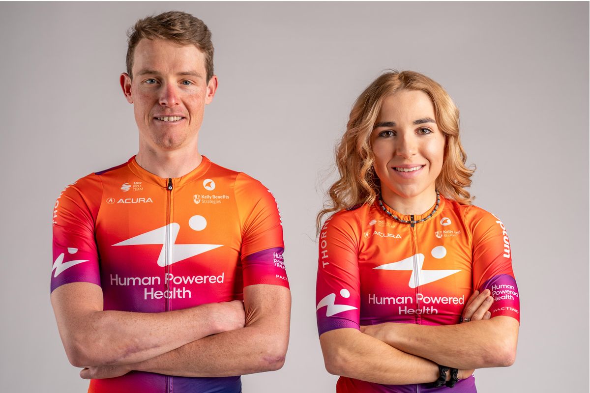 Kaia Schmid and Gavin Mannion model new jerseys for 2022 Human Powered Health