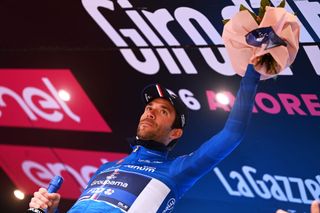 SALERNO ITALY MAY 10 Thibaut Pinot of France and Team Groupama FDJ Blue Mountain Jersey celebrates at podium during the 106th Giro dItalia 2023 Stage 5 a 171km stage from Atripalda to Salerno UCIWT on May 10 2023 in Salerno Italy Photo by Tim de WaeleGetty Images
