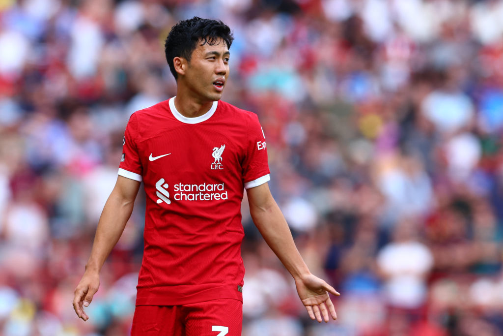 Wataru Endo of Liverpool reacts during the Premier League match between Liverpool FC and AFC Bournemouth at Anfield on August 19, 2023 in Liverpool, England. (Photo by Chris Brunskill/Fantasista/Getty Images)