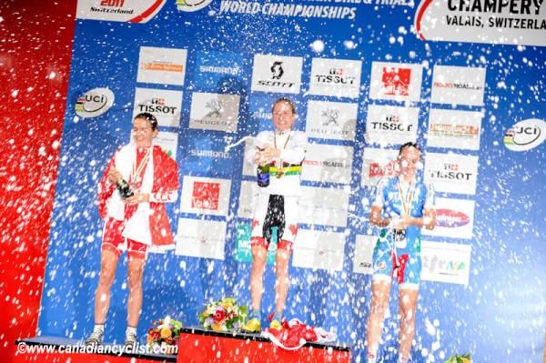 Elite women's cross country podium: Maja Wloszczowska, Catharine Pendrel, Eva Lechner
