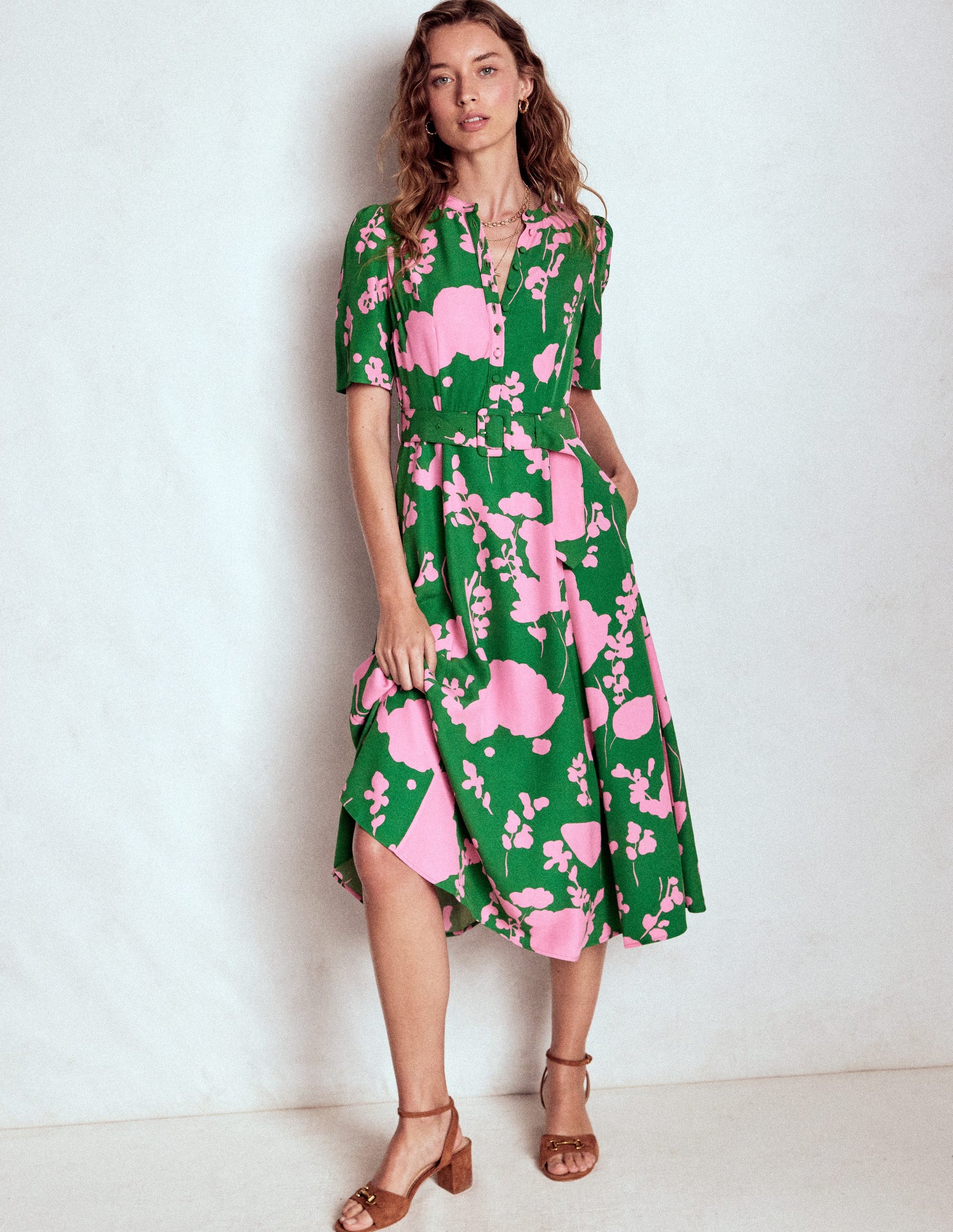 Kate Puff Sleeve Belted Dress-Highland Green, Dainty Sprigs