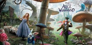 Alice, kaninen, kålormen og den gale hattemager omgivet af høje svampe i Alice i Eventyrland