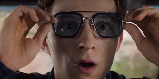 Tom Holland as Peter Parker, Tony Stark glasses, Spider-Man: Far From Home