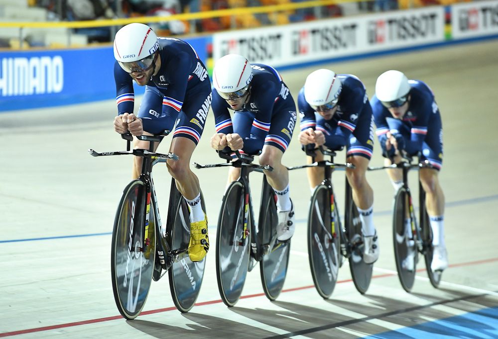 France's men's Team Pursuit squad take part in the qualifying round of the UCI Track Cycling World Championships in Apeldoorn