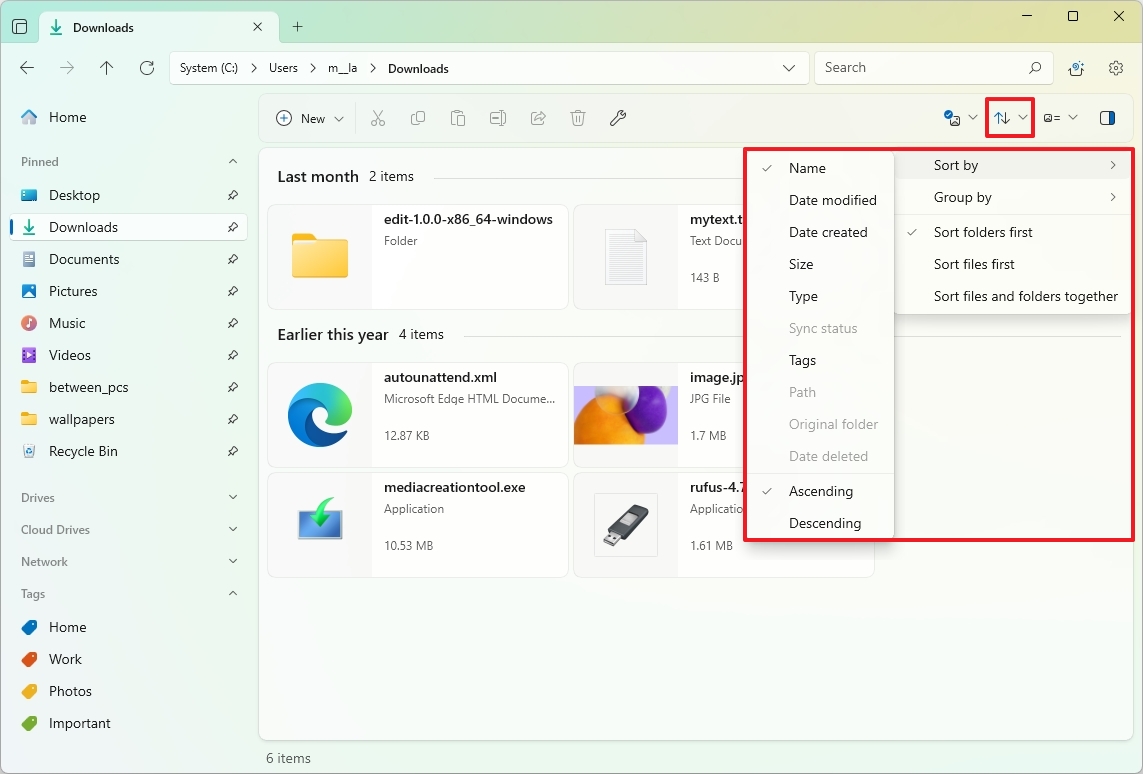 Files sort menu