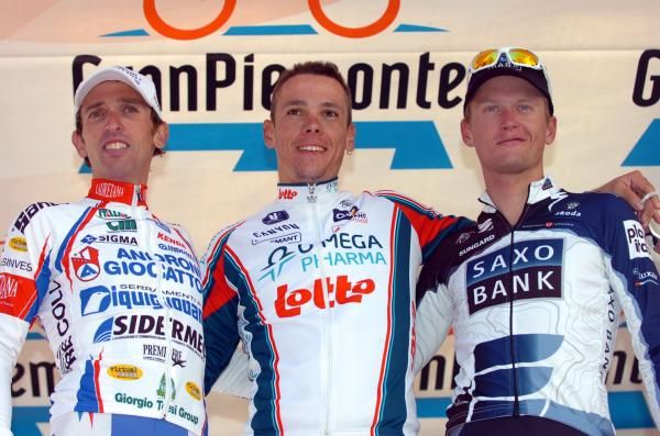 The Gran Piemonte podium: Leonardo Bertagnolli (Androni Giocattoli), Philippe Gilbert (Omega Pharma) and Matti Breschel (Saxo Bank)