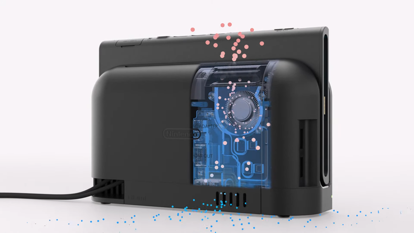 Back of Nintendo Switch 2 dock with cut out revealing fan highlighted in blue