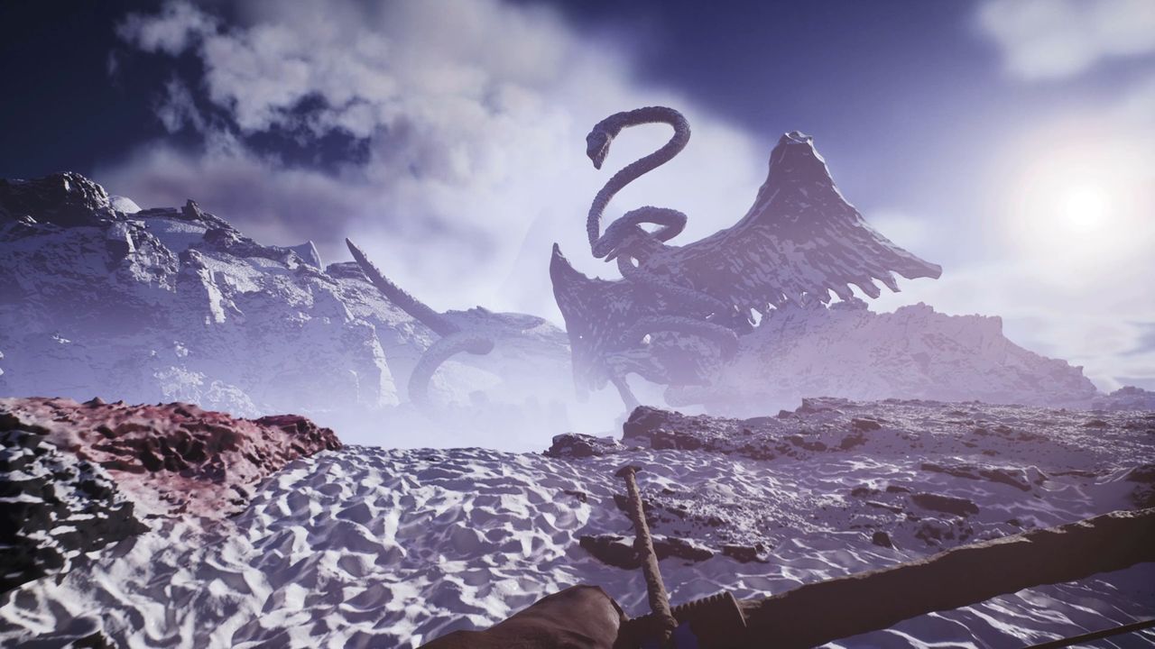 panoramic view over cliffs at a giant, petrified hydra in the distance.