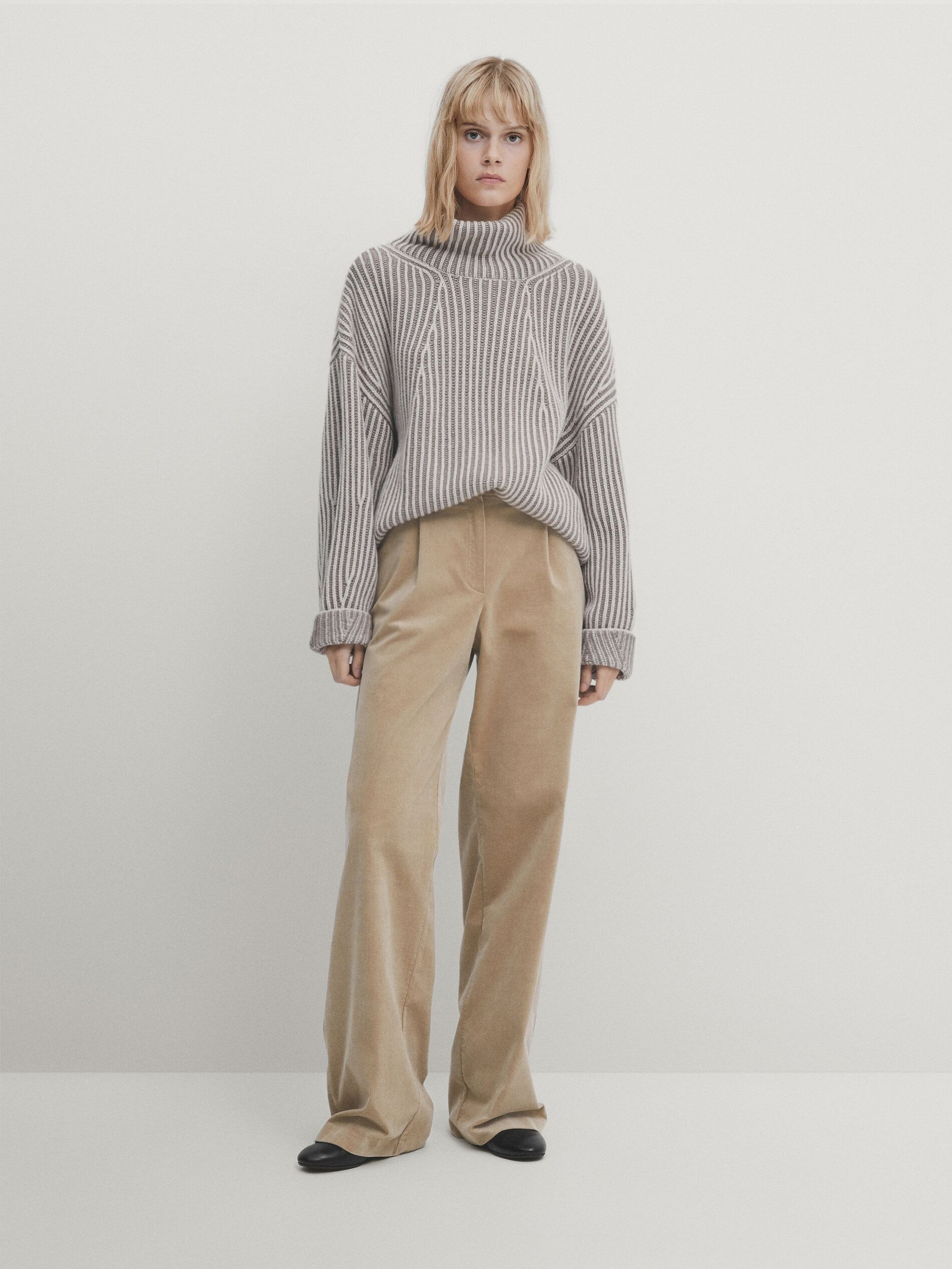 Tan Massimo Dutti wide-leg corduroy pants