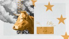 Photo collage of a bar graph. One bar is large, representing animal agriculture with an assortment of cows and clouds of pollution emerging from it; the other, small, represents plant agriculture and is overlayed with an aerial view of a harvested wheat field, with a few wilting ears of wheat sticking out from it. In the background, the stars of the EU flag are visible.