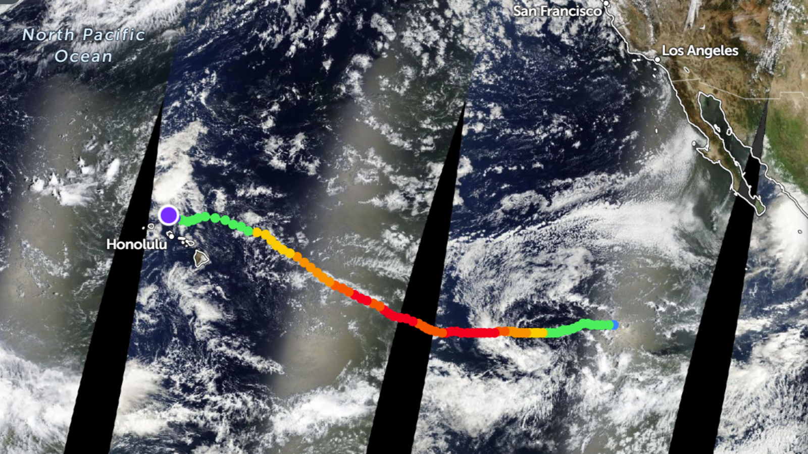 A screenshot of an online map showing the trajectory of Hurricane Kiko in the east Pacific