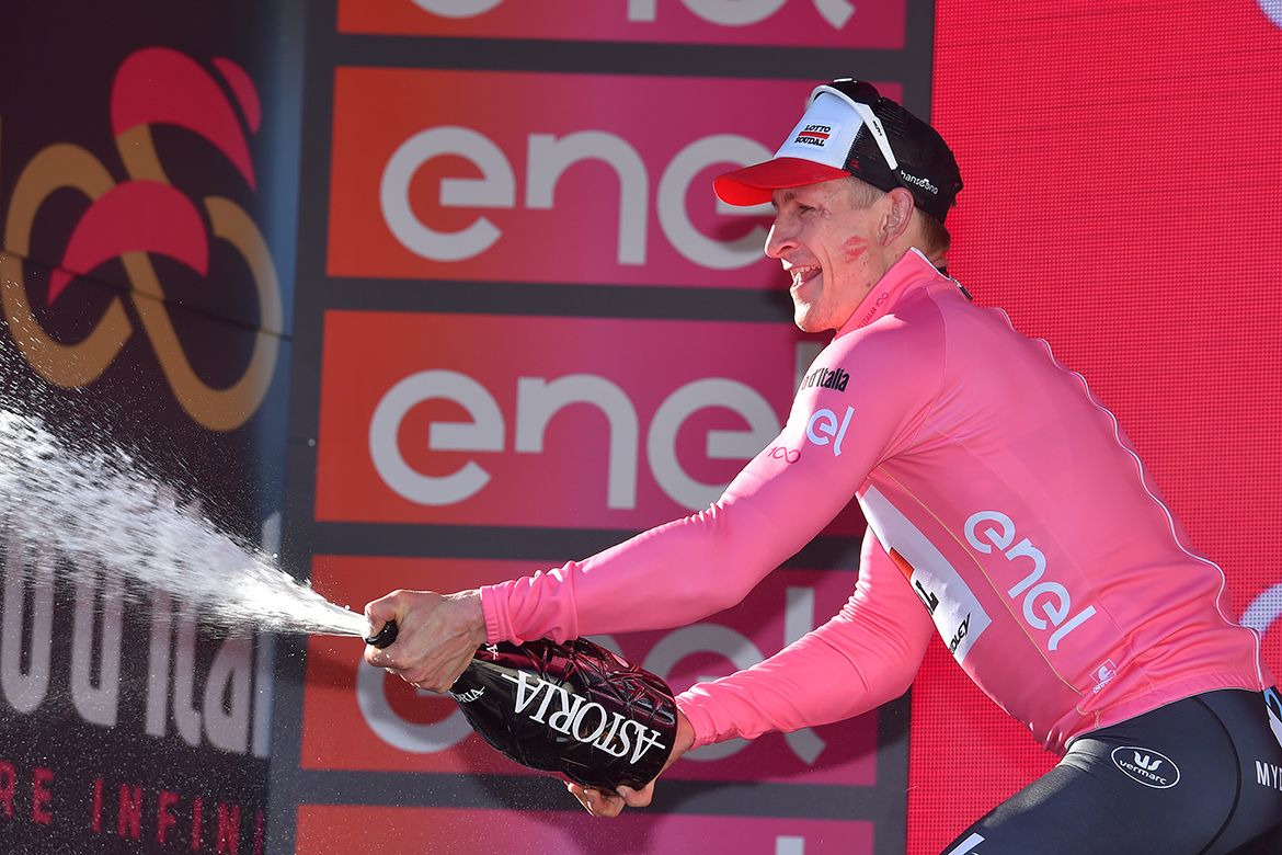 Andr&eacute; Greipel celebrates a successful day at the Giro d'Italia.
