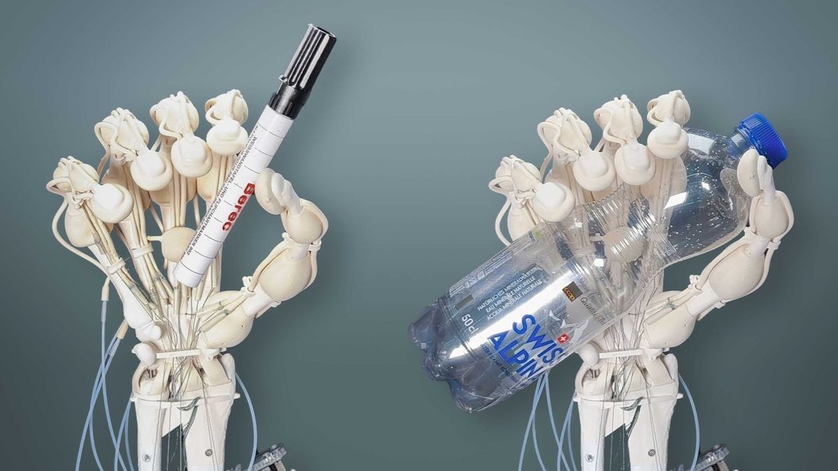 An image montage of the soft robotic hand holding a marker pen and a water bottle.