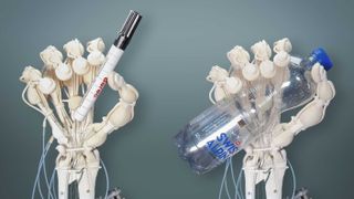 An image montage of the soft robotic hand holding a marker pen and a water bottle.