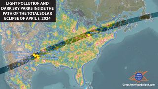 Light pollution and stargazing locations within and close to the path of the total solar eclipse on April 8, 2024.